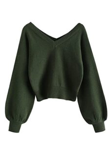 zaful women's cropped sweater v-neck long sleeve crop sweater pullover jumper knit top (1-green, m)