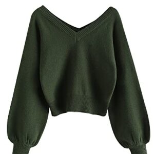 ZAFUL Women's Cropped Sweater V-Neck Long Sleeve Crop Sweater Pullover Jumper Knit Top (1-Green, M)