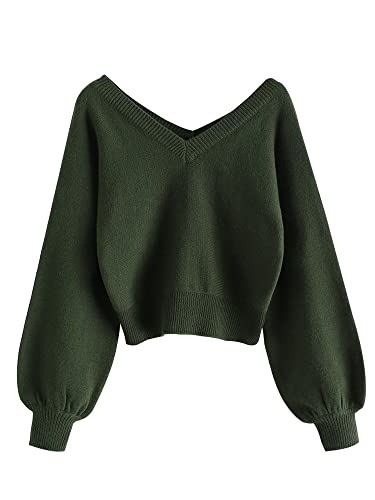 ZAFUL Women's Cropped Sweater V-Neck Long Sleeve Crop Sweater Pullover Jumper Knit Top (1-Green, M)