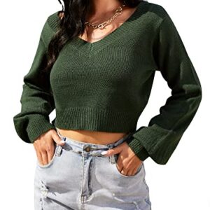 ZAFUL Women's Cropped Sweater V-Neck Long Sleeve Crop Sweater Pullover Jumper Knit Top (1-Green, M)