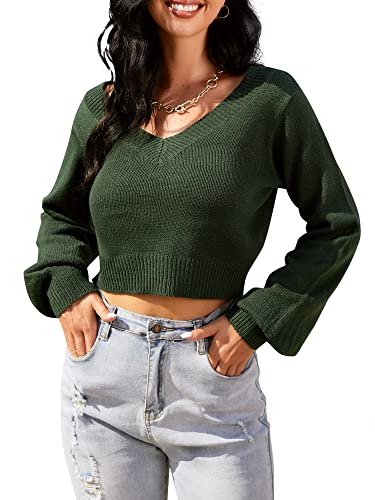 ZAFUL Women's Cropped Sweater V-Neck Long Sleeve Crop Sweater Pullover Jumper Knit Top (1-Green, M)