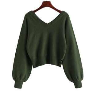 ZAFUL Women's Cropped Sweater V-Neck Long Sleeve Crop Sweater Pullover Jumper Knit Top (1-Green, M)