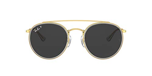 Ray-Ban RB3647N Double Bridge Round Sunglasses, Legend Gold/Polarized Black, 51 mm