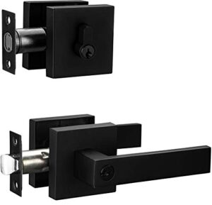 berlin modisch contemporary square entry lever door handle and single cylinder deadbolt locking lever handle set [front door or office] right & left sided doors heavy duty – iron black finish
