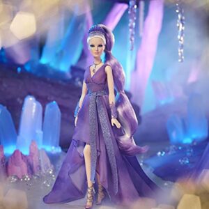 Barbie Crystal Fantasy Collection Amethyst Doll (13-in, Platinum Hair) with Genuine Amethyst Stone Necklace, Wearing Gown and Accessories, Gift for Collectors