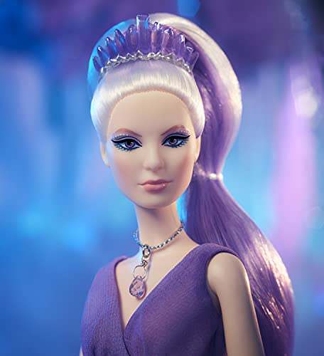 Barbie Crystal Fantasy Collection Amethyst Doll (13-in, Platinum Hair) with Genuine Amethyst Stone Necklace, Wearing Gown and Accessories, Gift for Collectors