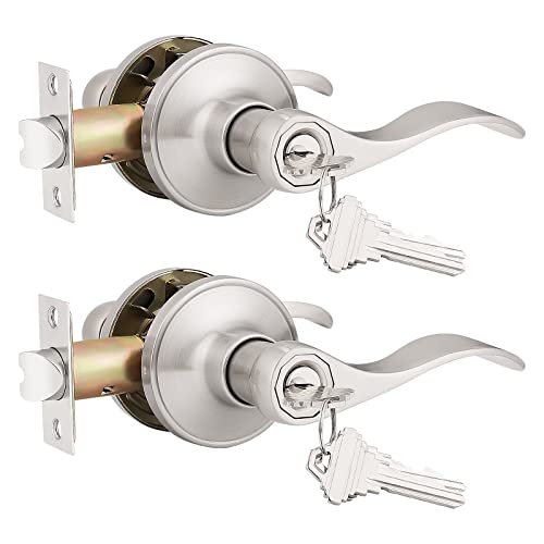 Probrico (2 Pack) Entry Door Lever [Lock with 3 Keys],Locking Door Handle Set for Office or Front Door,Satin Nickel Finish Wave Entrance Door Lock with Key, Reversible Right & Left Side Handed