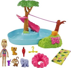 barbie and chelsea the lost birthday splashtastic pool surprise playset with chelsea doll (6-in), 3 baby animals, slide, zipline & accessories, gift for 3 to 7 year olds