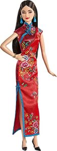 barbie signature lunar new year doll (12-inch brunette) wearing red satin cheongsam dress with accessories, collectible gift for kids & collectors