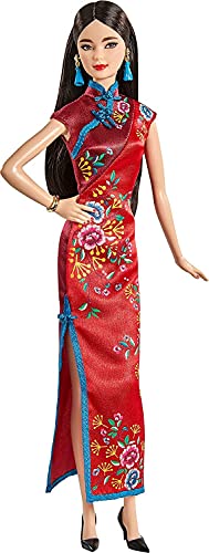 Barbie Signature Lunar New Year Doll (12-inch Brunette) Wearing Red Satin Cheongsam Dress with Accessories, Collectible Gift for Kids & Collectors