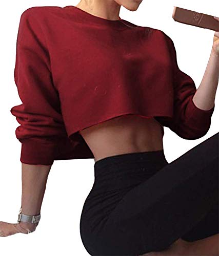 Artfish Women's Crewneck Long Sleeve Crop Tops Workout Casual Pullover Loose Sweatshirts Maroon Burgundy Christmas Red M