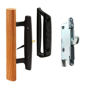 sliding glass patio door handle set oak wood interior handle and exterior pull in white diecast finish+mortise lock 45° keyway fits 3-15/16” screw hole spacing, non-keyed with latch locks