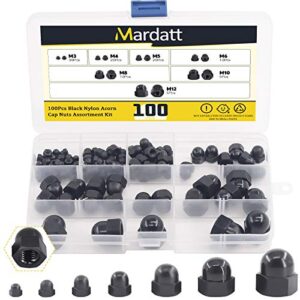 mardatt 100pcs 7 sizes hex acorn cap nuts assortment kit m3 m4 m5 m6 m8 m10 m12 nylon female thread bolt cover cap dome nuts for protection, indoor and outdoor