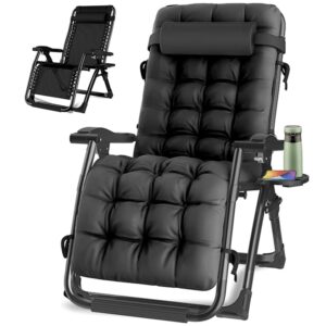 oversized zero gravity chair, lawn recliner, reclining patio lounger chair, folding portable chaise, with detachable soft cushion, cup holder, adjustable headrest, support 500 lbs. (black cushion)