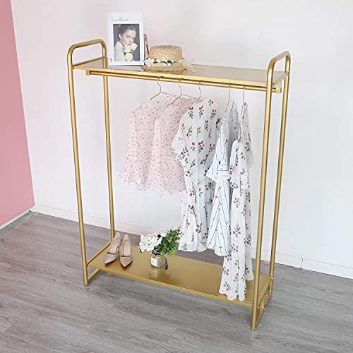 HOMEKAYT Gold Clothing Rack Modern Boutique Display Rack with 2-tier Shelf Full Metal Garment Rack Multiple Uses Hanging Rack for Home and Retail (59’’L)