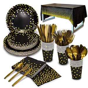 176 pieces gold disposable party dinnerware set &golden dot disposable party dinnerware - black paper plates napkins cups, gold plastic forks knives spoons (25 guests,176 pieces)