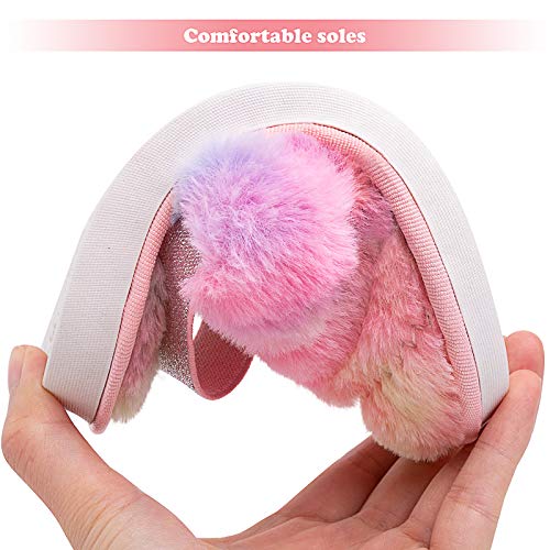 Kids Fluffy Fuzzy Slippers Rainbow Color House Home Slippers for Boys and Girls Faux Fur Slides with Strap Little Kids Slip-on Shoes