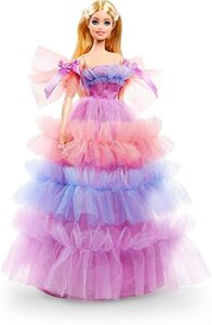 barbie birthday wishes doll (blonde, 13-inch), wearing ruffled gown, with doll stand and certificate of authenticity, gift for 6 year olds and up