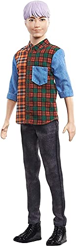 Barbie Ken Fashionistas Doll #154 with Sculpted Purple Hair Wearing a Color-Blocked Plaid Shirt, Black Denim Pants & Boots, Toy for Kids 3 to 8 Years Old