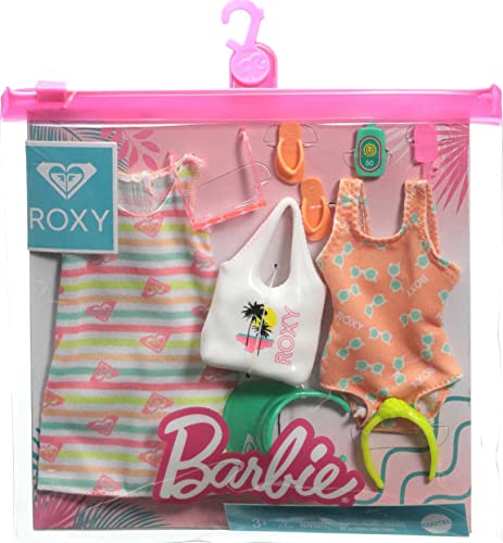 Barbie Storytelling Fashion Pack of Doll Clothes Inspired by Roxy: Striped Dress, Roxy Swimsuit & 7 Beach-Themed Accessories Including Frozen Treat, Gift for 3 to 8 Year Olds