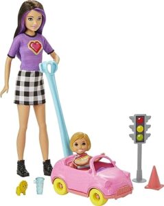 barbie skipper babysitters inc. accessories set with small toddler doll & toy car, plus traffic light, cone, cup & lion toy, gift for 3 to 7 year olds , white
