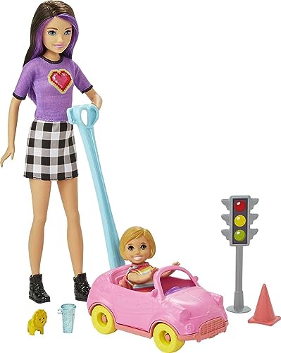 Barbie Skipper Babysitters Inc. Accessories Set with Small Toddler Doll & Toy Car, Plus Traffic Light, Cone, Cup & Lion Toy, Gift for 3 to 7 Year Olds , White