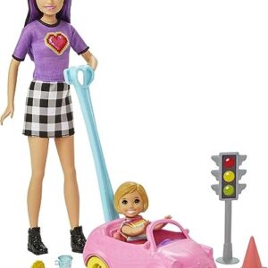 Barbie Skipper Babysitters Inc. Accessories Set with Small Toddler Doll & Toy Car, Plus Traffic Light, Cone, Cup & Lion Toy, Gift for 3 to 7 Year Olds , White