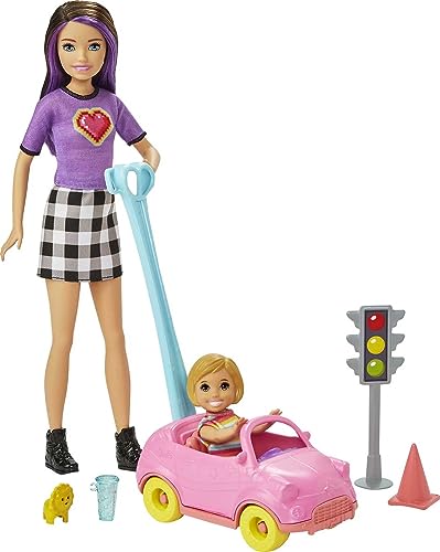 Barbie Skipper Babysitters Inc. Accessories Set with Small Toddler Doll & Toy Car, Plus Traffic Light, Cone, Cup & Lion Toy, Gift for 3 to 7 Year Olds , White