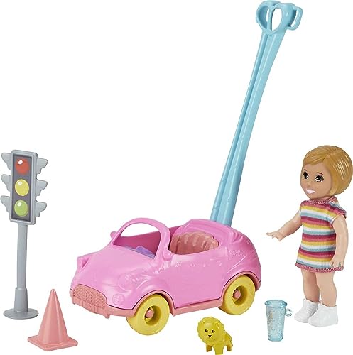 Barbie Skipper Babysitters Inc. Accessories Set with Small Toddler Doll & Toy Car, Plus Traffic Light, Cone, Cup & Lion Toy, Gift for 3 to 7 Year Olds , White