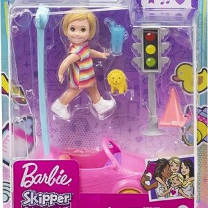 Barbie Skipper Babysitters Inc. Accessories Set with Small Toddler Doll & Toy Car, Plus Traffic Light, Cone, Cup & Lion Toy, Gift for 3 to 7 Year Olds , White