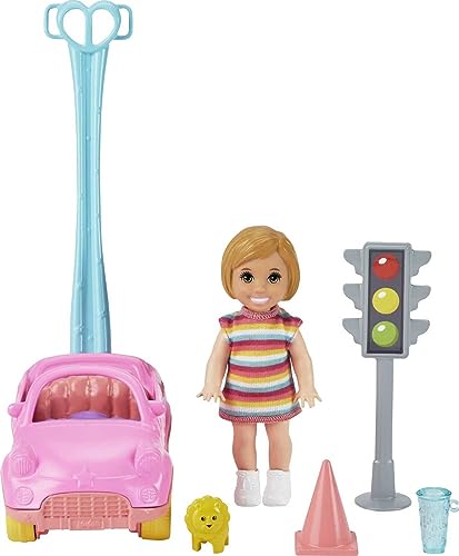 Barbie Skipper Babysitters Inc. Accessories Set with Small Toddler Doll & Toy Car, Plus Traffic Light, Cone, Cup & Lion Toy, Gift for 3 to 7 Year Olds , White