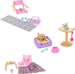 barbie accessory pack bundle with 3 accessory sets themed to lounging, beach day & pet playdate, with 4 pets and 15 accessories, gift for 3 to 7 year olds