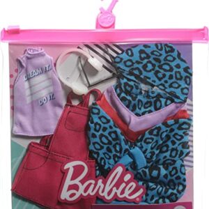 Barbie Fashions 2-Pack Clothing Set, 2 Outfits Doll Include Animal-Print Hoodie Dress, Graphic Top, Red Overalls & 2 Accessories, Guft for Kids 3 to 8 Years Old , Blue