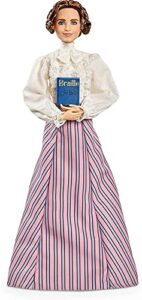 barbie inspiring women helen keller doll (12-inch) wearing blouse and skirt, with doll stand & certificate of authenticity, gift for kids & collectors, pink