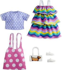 barbie fashions 2-pack clothing set, 2 outfits doll include pink polka-dot jumper, purple polka-dot top, striped dress & 2 accessories, gift for kids 3 to 8 years old , white
