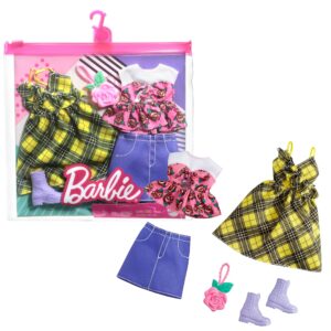 barbie fashions 2-pack clothing set, 2 outfits doll include yellow plaid dress, floral top, denim skirt & 2 accessories, gift for kids 3 to 8 years old