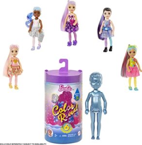 barbie color reveal chelsea doll with 6 surprises: 4 mystery bags, water reveals doll's look & color change on bodice; glitter series; [styles may vary]