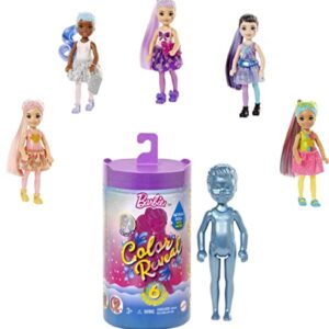 Barbie Color Reveal Chelsea Doll with 6 Surprises: 4 Mystery Bags, Water Reveals Doll's Look & Color Change on Bodice; Glitter Series; [Styles May Vary]