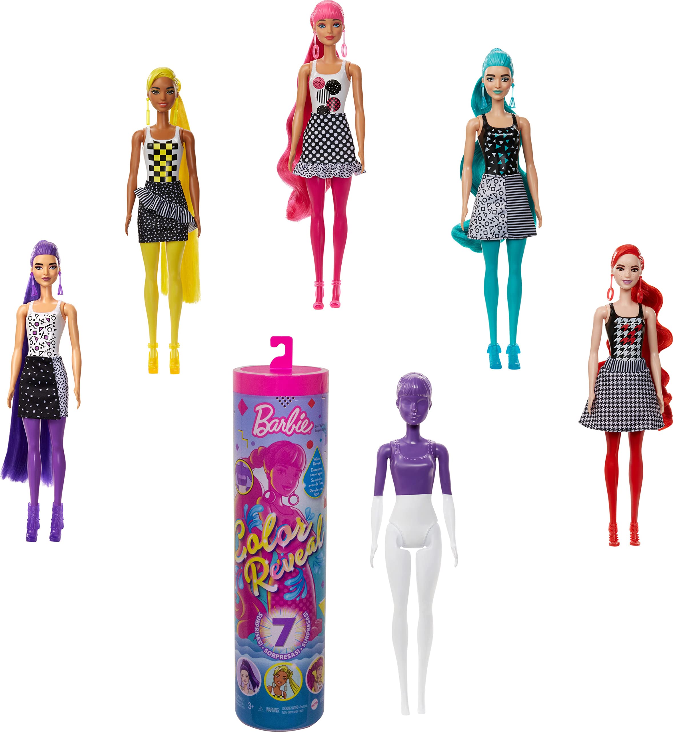 Barbie Color Reveal Doll & Accessories, Color-Block Series, 7 Surprises, 1 Barbie Doll (Styles May Vary)