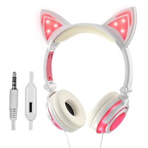 olyre wired kids cat headphones with microphone,adjustable on-ears stereo foldable led cute kitty gift headset for girls/boys/women/teens compatible with computer tablet pc ipad smartphone (pink)