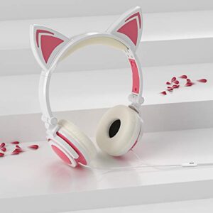 Olyre Wired Kids Cat Headphones with Microphone,Adjustable On-Ears Stereo Foldable LED Cute Kitty Gift Headset for Girls/Boys/Women/Teens Compatible with Computer Tablet PC iPad Smartphone (Pink)