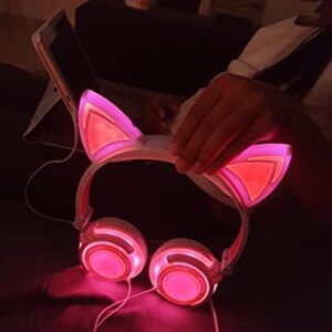 Olyre Wired Kids Cat Headphones with Microphone,Adjustable On-Ears Stereo Foldable LED Cute Kitty Gift Headset for Girls/Boys/Women/Teens Compatible with Computer Tablet PC iPad Smartphone (Pink)