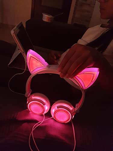 Olyre Wired Kids Cat Headphones with Microphone,Adjustable On-Ears Stereo Foldable LED Cute Kitty Gift Headset for Girls/Boys/Women/Teens Compatible with Computer Tablet PC iPad Smartphone (Pink)