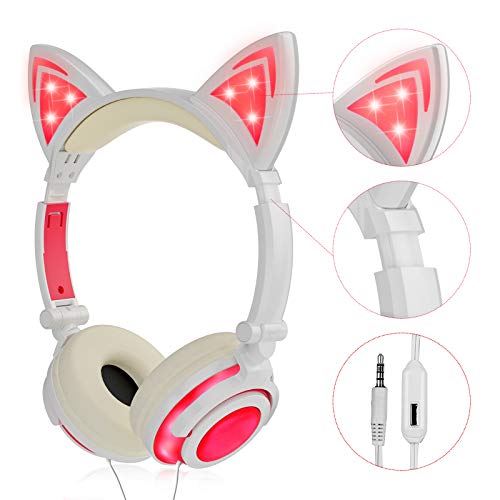 Olyre Wired Kids Cat Headphones with Microphone,Adjustable On-Ears Stereo Foldable LED Cute Kitty Gift Headset for Girls/Boys/Women/Teens Compatible with Computer Tablet PC iPad Smartphone (Pink)