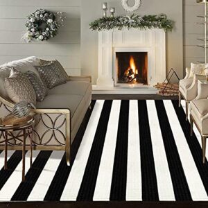 leevan outdoor rug 5x8 black and white patio decor rug, cotton washable indoor outdoor rug, farmhouse woven porch front rug reversible foldable rug layered door mat for porch/front door/entrance