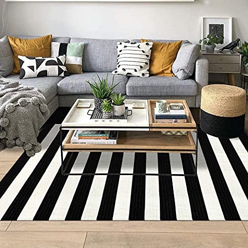 LEEVAN Outdoor Rug 5x8 Black and White Patio Decor Rug, Cotton Washable Indoor Outdoor Rug, Farmhouse Woven Porch Front Rug Reversible Foldable Rug Layered Door Mat for Porch/Front Door/Entrance
