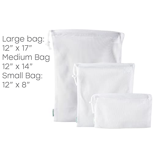 Kitchen Details 3 Pack Reusable Cotton Mesh Produce Bags | Green Living | Drawstring | Fruit and Vegetable Bags & Organizers | Good for Grocery Shopping | White