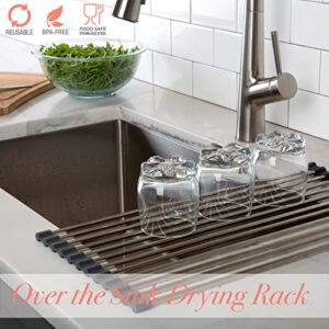 Kitchen Details Over The Sink Drying Rack | Roll Up Dish Mat | Easy Storage | Stainless Steel | Non-Slip Silicone | Drain Tray | BPA Free | Food Safe | Space Saving | Grey