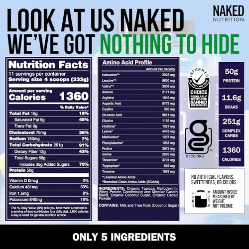 NAKED nutrition Chocolate Naked Mass - All Natural Chocolate Weight Gainer Protein Powder - 8Lb Bulk, GMO Free, Gluten Free & Soy Free. No Artificial Ingredients - 1,360 Calories - 11 Servings