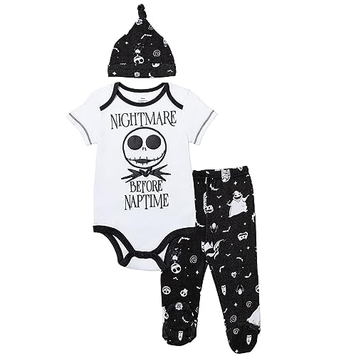Disney Nightmare Before Christmas Newborn Baby Boys Short Sleeve Bodysuit Pants and Hat 3 Piece Outfit Set 0-3 Months